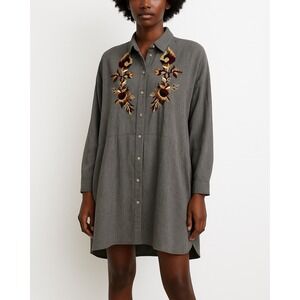 Zara Basic Grey Embroidered‎ Floral Shirt Dress Tunic Long Sleeve High Low Hem S